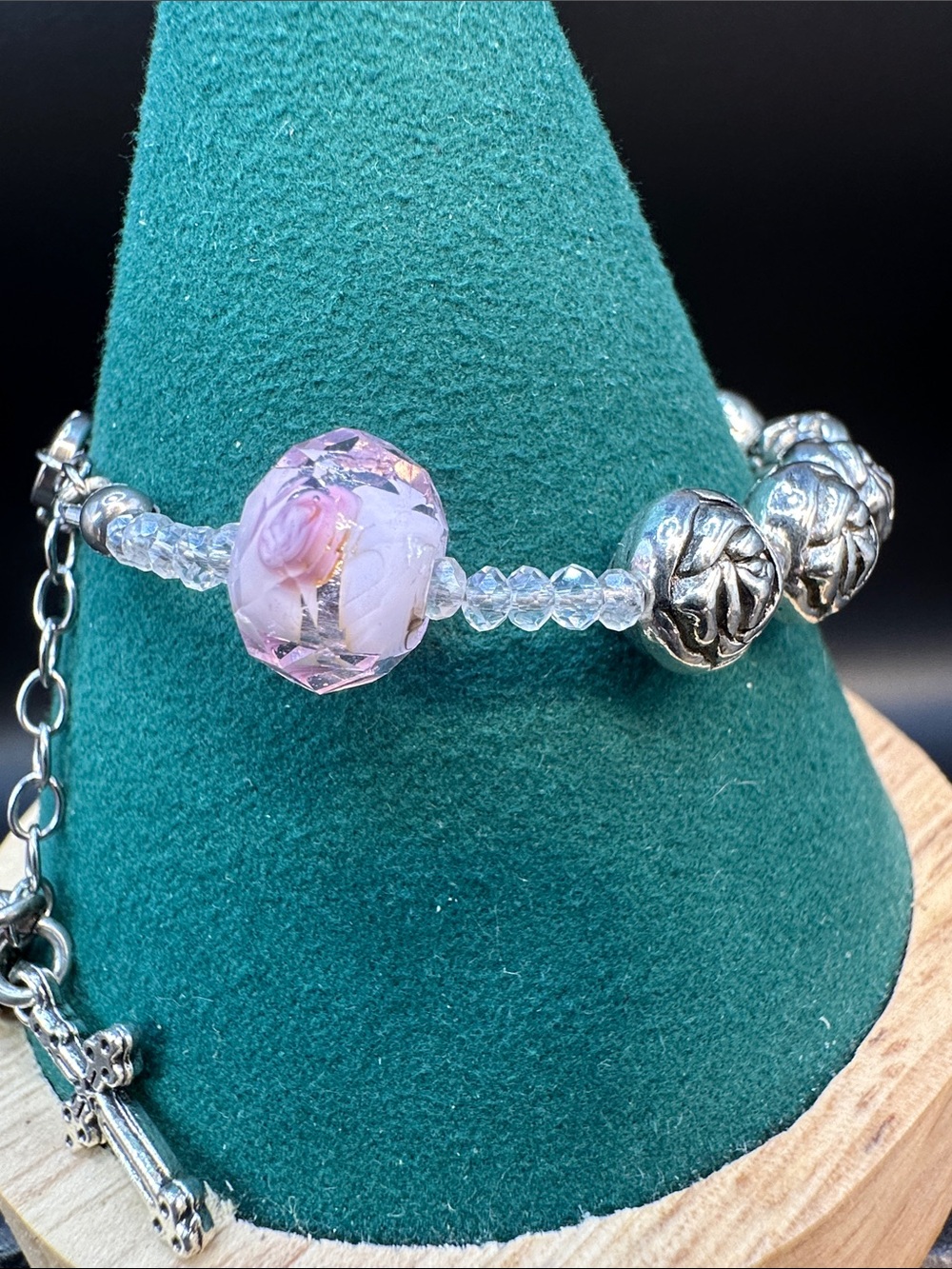 Faith Inspired Silver Rose Bead Bracelet Miraculous Medal Cross Charm Lampwork - Picture 3 of 7